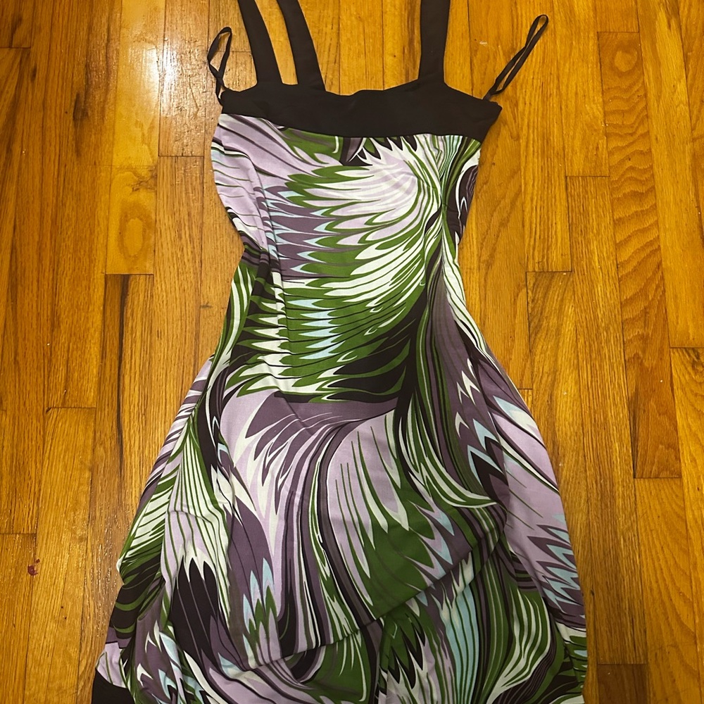 Elegant Green and Purple Swirl Dress